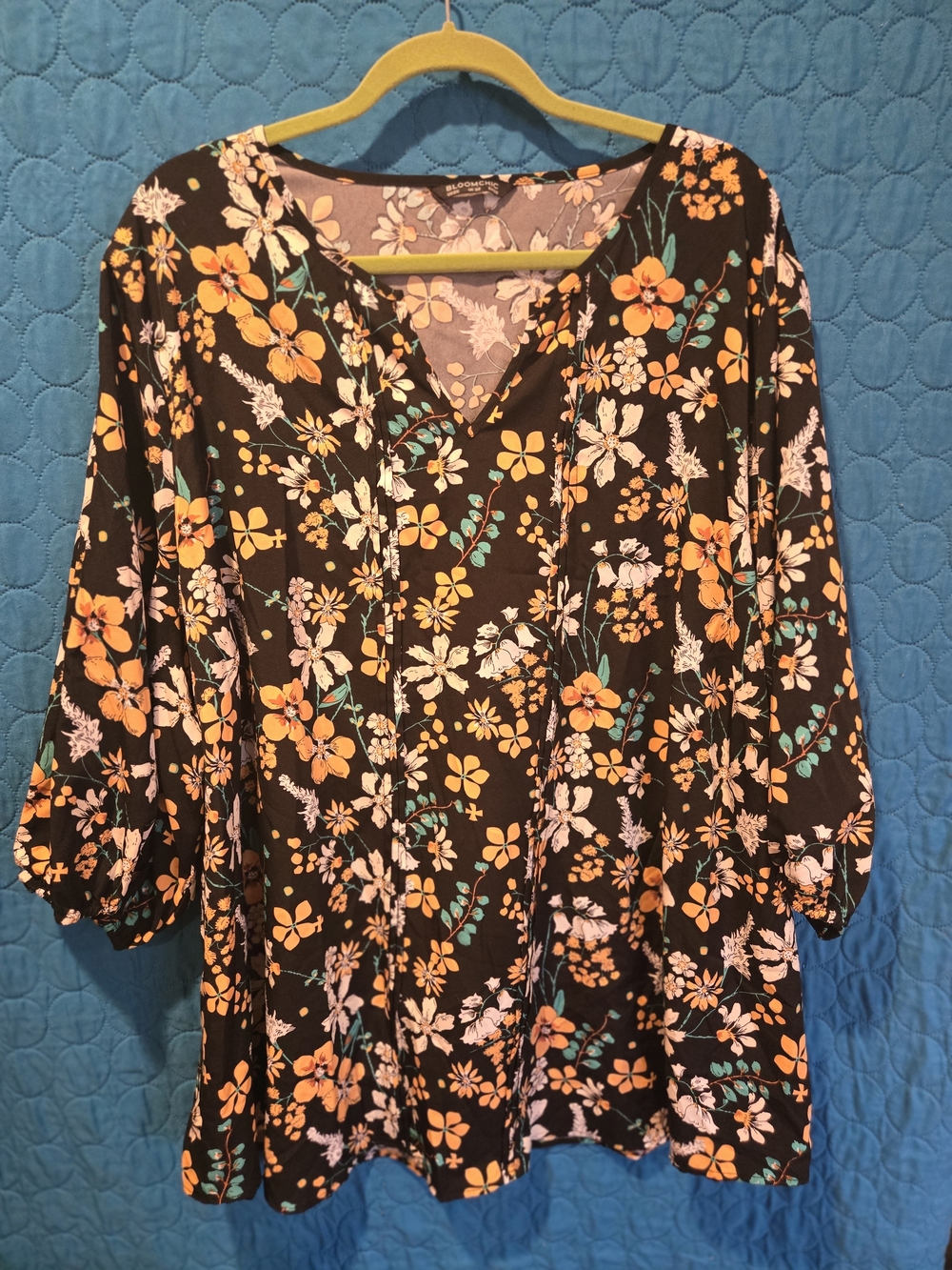 BloomChic Black Floral V-Neck Tunic with Yellow & Teal Accents